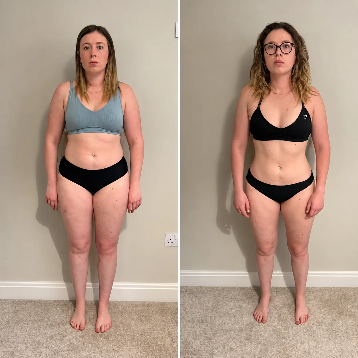 Rhea, before and after 12 weeks of coaching